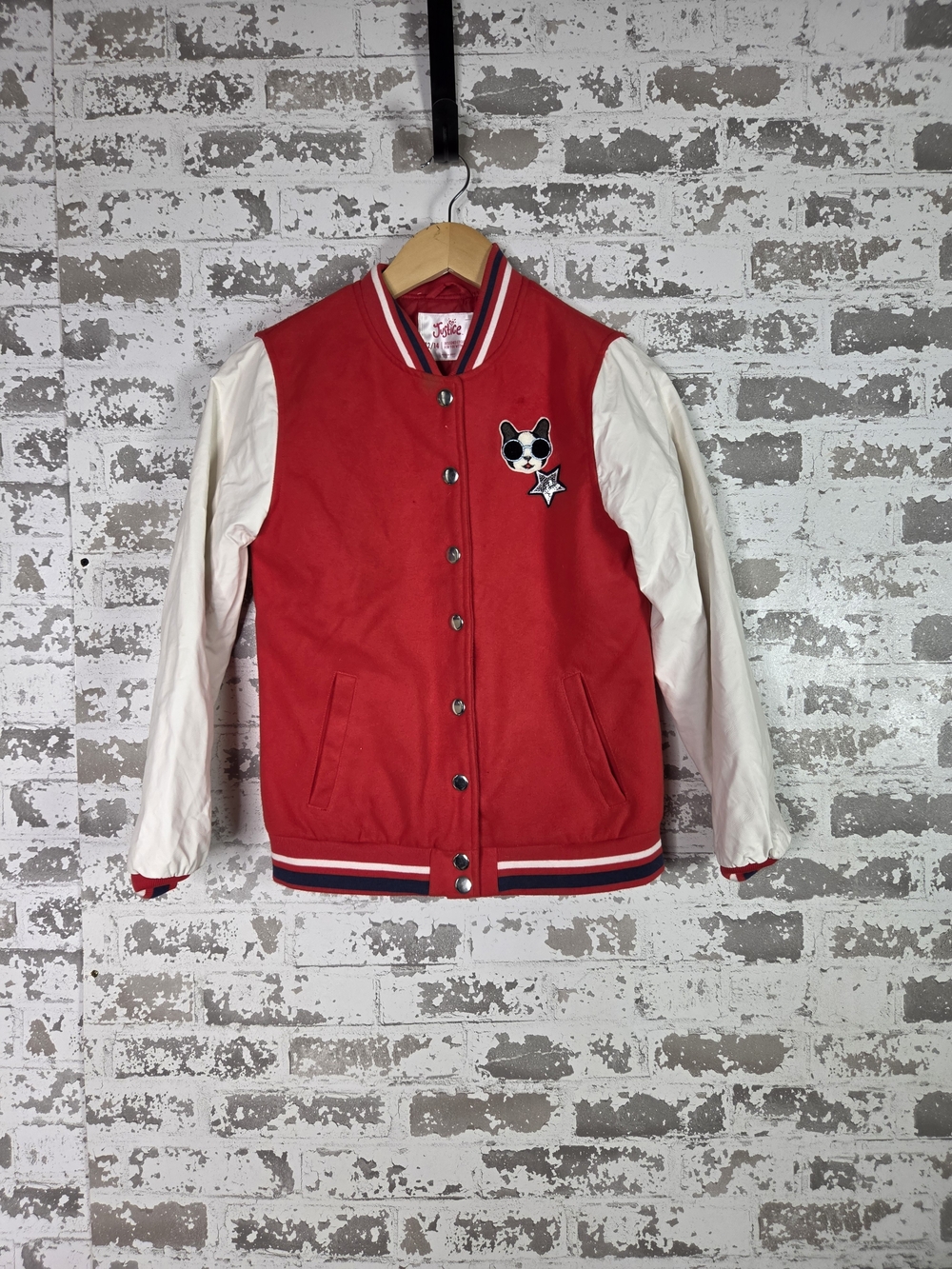 Justice Girls Varsity Bomber Jacket 12/14 L Red Cream Girl Squad Cat Sequin Coat